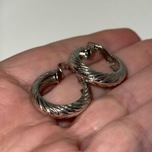 Vintage Signed L. H. Segal Small Swirl Cut Hoop Clip On Earrings Silver Tone